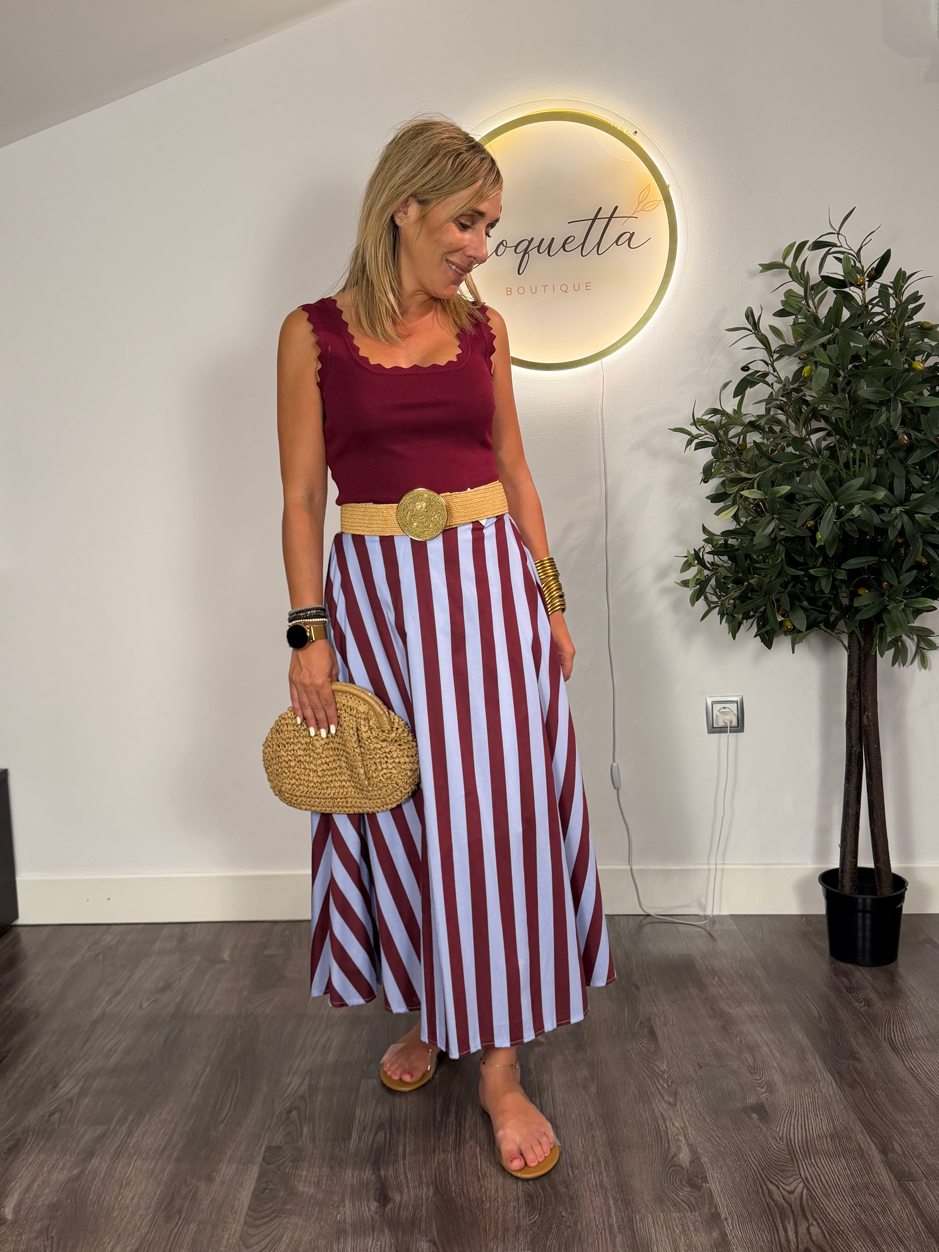 Falda Midi Rayas Burdeos y Azul