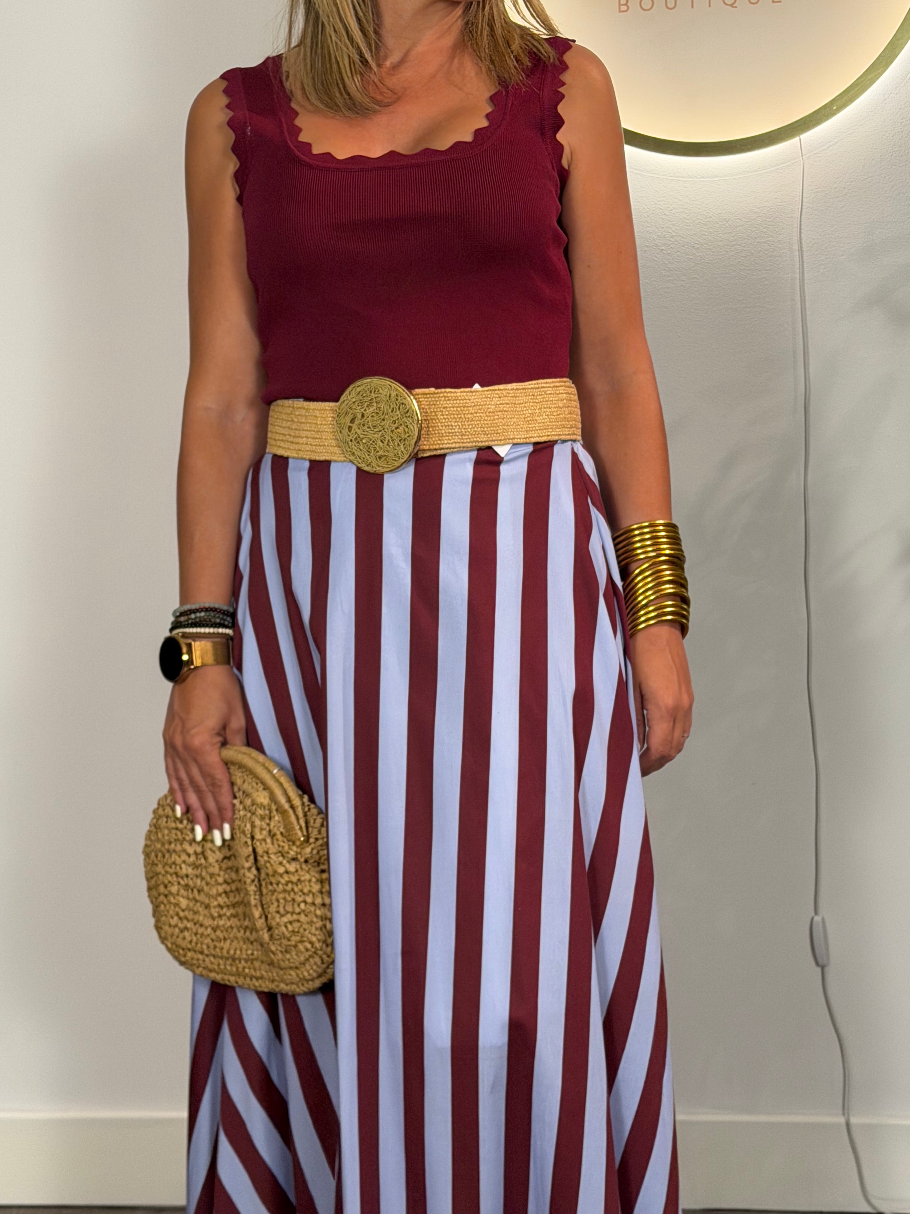 Falda Midi Rayas Burdeos y Azul