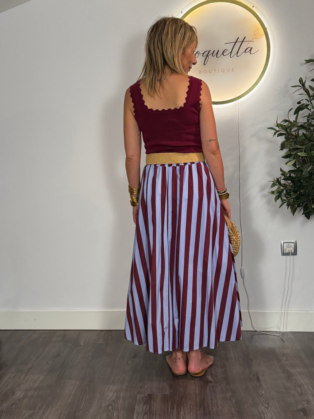 Falda Midi Rayas Burdeos y Azul
