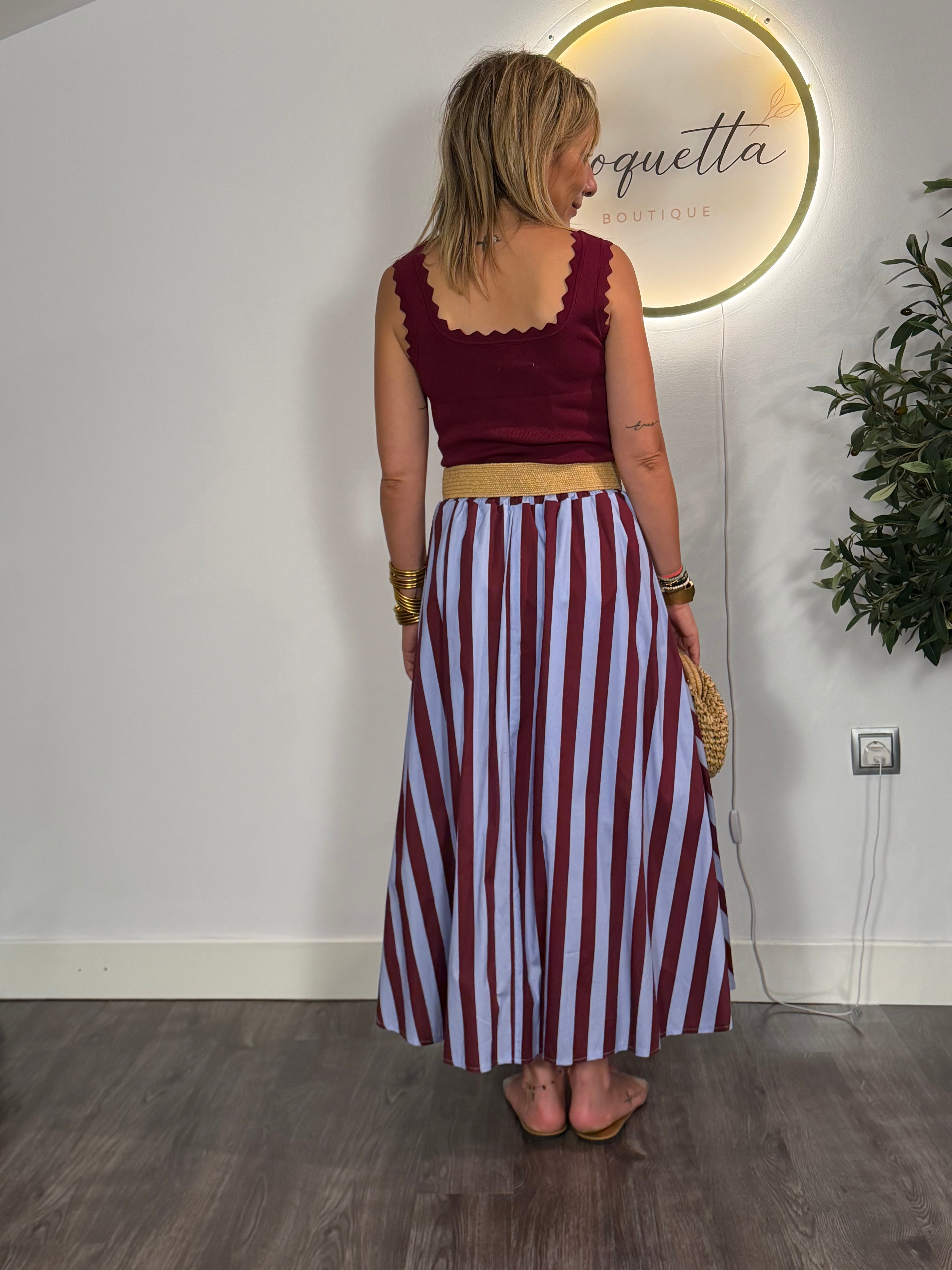 Falda Midi Rayas Burdeos y Azul
