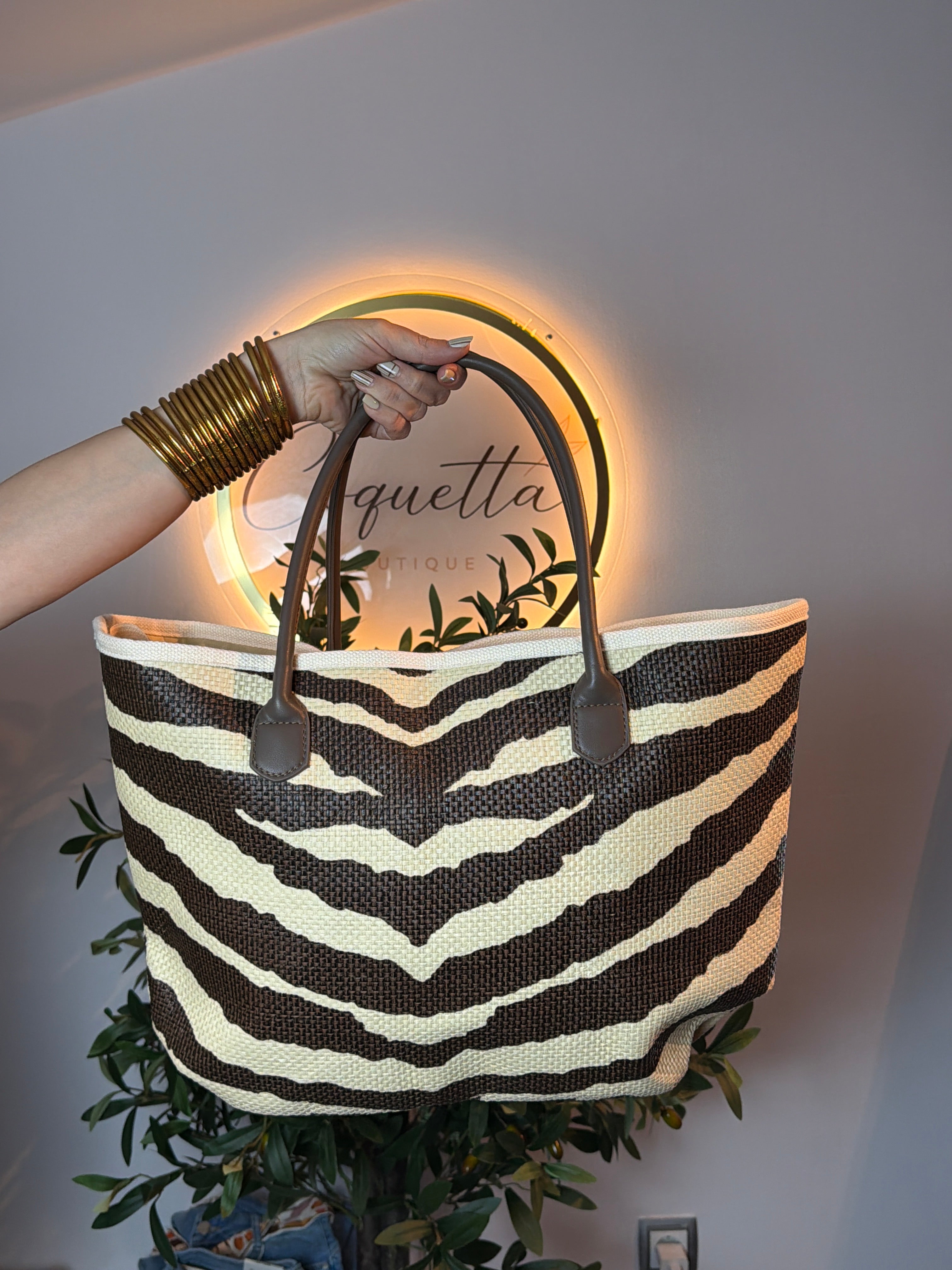 Bolso Cesta Print Zebra Marrón y Beige