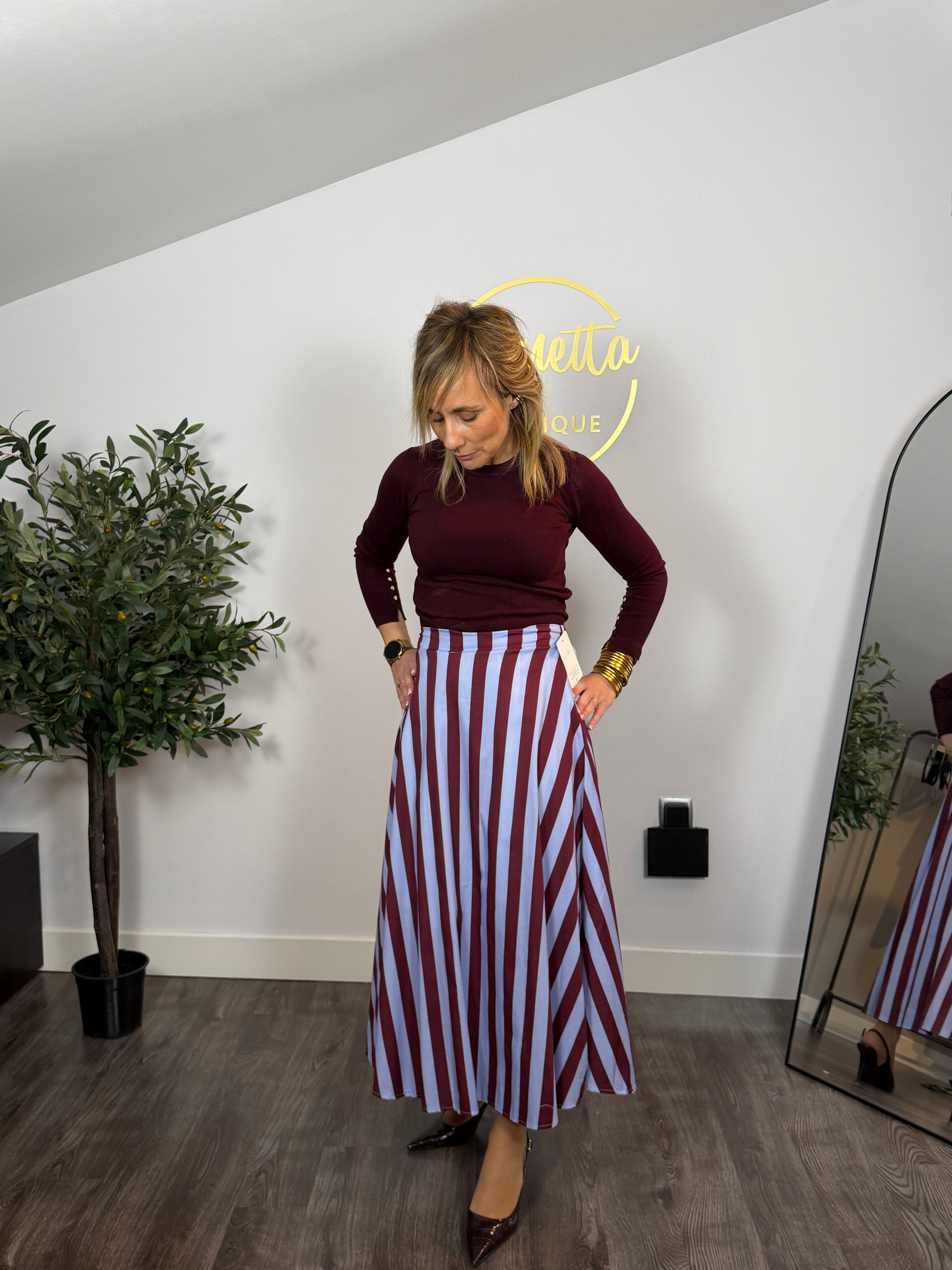 Falda Midi Rayas Burdeos y Azul