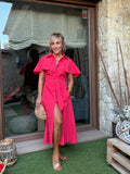 Vestido camisero coral con manga volante
